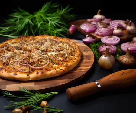 An appetizing pizza garnished with onion toppings and surrounded by fresh herbs, presented on a wooden board with a pizza cutterの素材