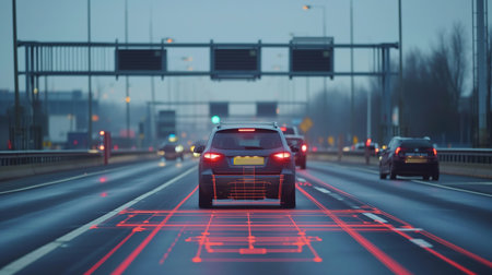 Modern vehicle employing advanced driver assistance systems (ADAS) on a highway, with sensor data visualizationの素材