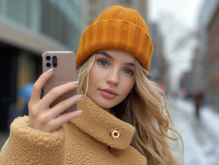 Attractive young woman in warm yellow beanie and fluffy coat taking a selfie with her smartphone on a snowy city streetの素材