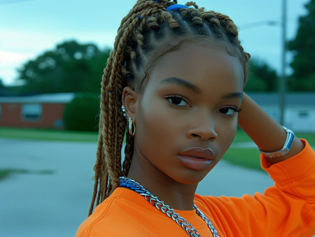 Portrait of a young woman with stylish braids posing confidently in an urban setting at sunsetの素材