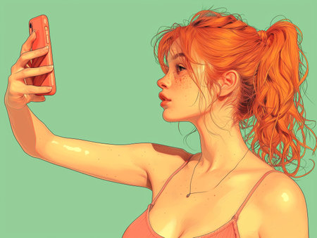 An illustrated redhead woman takes a selfie, showing her freckles and a soft green backgroundの素材