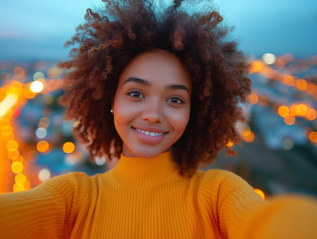 A young woman in a yellow sweater takes a selfie with the twinkling city lights at twilightの素材