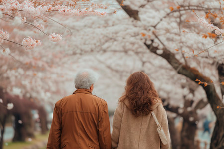 An elderly couple enjoys a leisurely stroll among a canopy of cherry blossom treesの素材