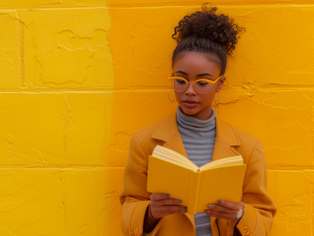 A stylish young woman thickened in reading a bright yellow book, matching her fashionable yellow outfit and glasses, against a textured yellow wallの素材