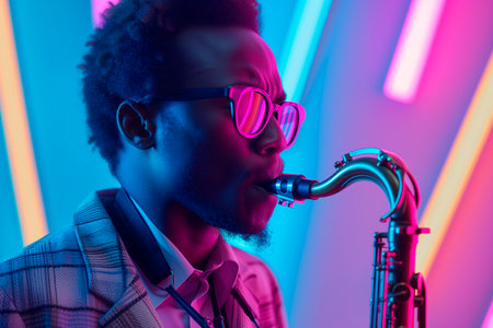 Saxophonist with stylish glasses performs under vibrant neon lightingの素材