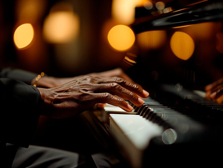 Close-up of a pianist's hands playing jazz on a black grand pianoの素材
