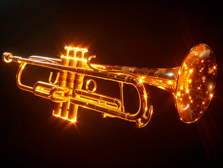 A trumpet radiates a bright, golden light on a dark backgroundの素材