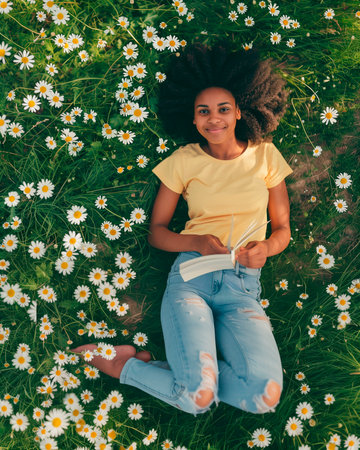 Elevated view of an African American woman sitting with a book in a vibrant field of daisies, looking toward the cameraの素材