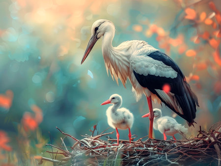 A serene stork watching over her chicks in a cozy nest, against a backdrop of dreamy spring foliageの素材