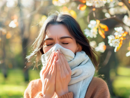 A young woman sneezing into a tissue, surrounded by spring flowers, representing seasonal allergiesの素材