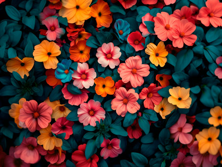 A dense, colorful array of red and orange flowers creating a spring floral patternの素材
