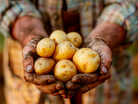Hands cupping a harvest of fresh, soil-dusted potatoes, symbolizing organic farming and sustainable agricultureの素材