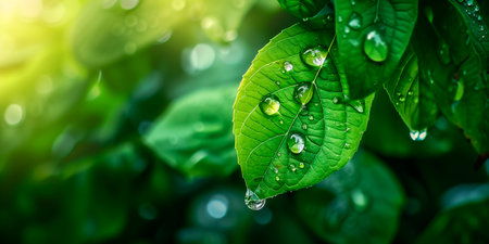 Wide angle of a vibrant green leaf with crystalline dew drops, emphasizing the importance of vegetation on the planetの素材