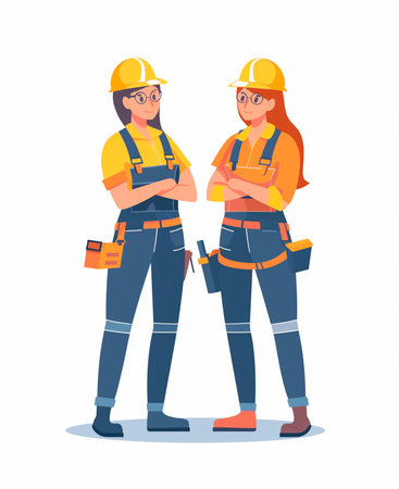 Illustration of two female construction workers wearing yellow hard hats and safety vests with toolsの素材
