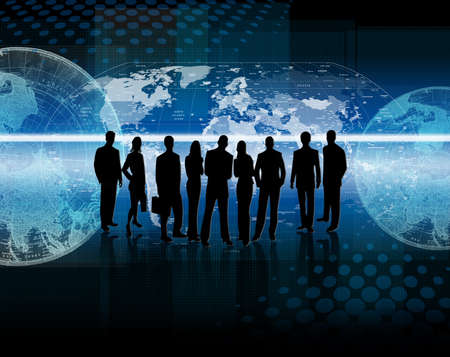 Illustration of a bussines silhouettes with maps and world maps in background