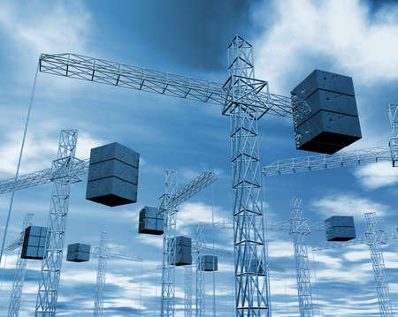 3d image of several cranes against the skyの写真素材