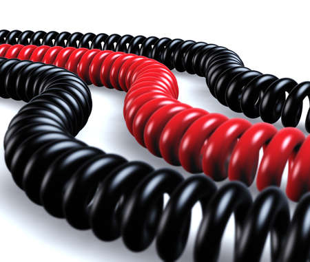 Several telephone cables red and black isolated in whiteの写真素材
