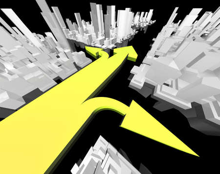 Three arrows showing various directions in abstract cityの写真素材