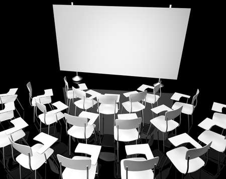 Empty black classroom with white classroom chairsの写真素材