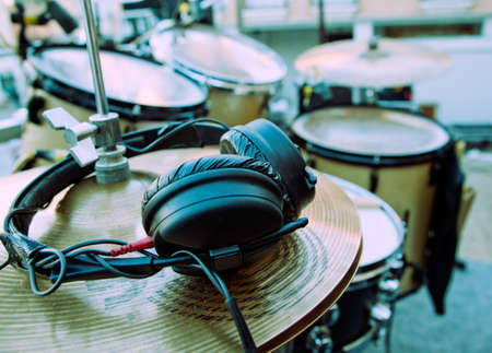 Close-up image of drum and headphonesの写真素材