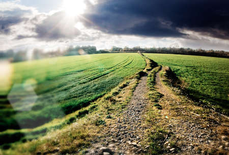 Idyllic sunset landscape and roadの写真素材