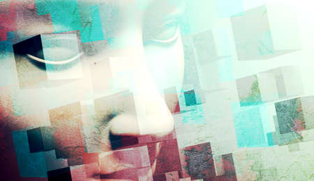 abstract human face background.Cube shape and texture.Grunge and old styleの写真素材