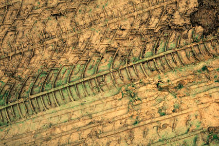 Car tire tracks background.Car tire tracks in the mudの写真素材
