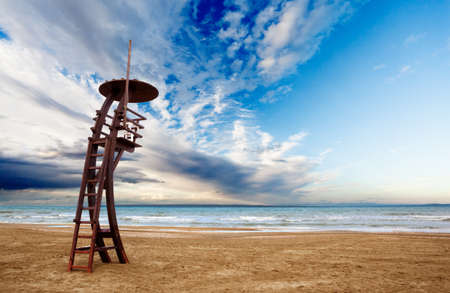 Beach scene.Watchtower on the beachの写真素材