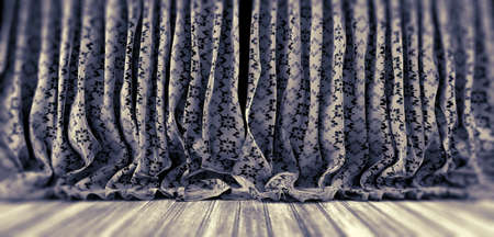 Vintage floral curtains and wood floor backgroundの写真素材
