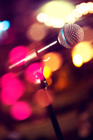 Live music background.Microphone and stage lightsの写真素材