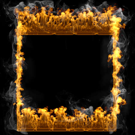 3d rendering fire frame square isolated over black and smoke backgroundの写真素材