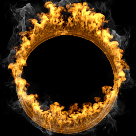 3d rendering fire frame circle isolated over black and smoke backgroundの写真素材