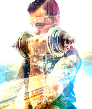 Gym equipment and sport concept.Strong and motion background.Dumbbells.Double exposure.