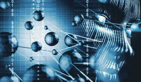 Technology and internet concept.Face and network  abstract backgroundの写真素材