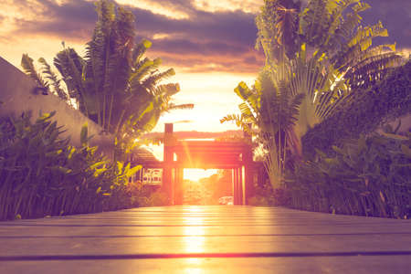 Scenery sunset and wood floor.Romantic travel backgroundの写真素材