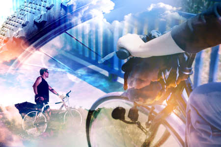 Bicycle and extreme sport concept background.Lifestyle and adventure with bike double exposure.の写真素材