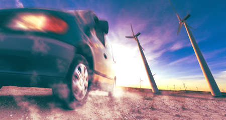 Wind mills and tire car detail.Electricity and ecologyの写真素材