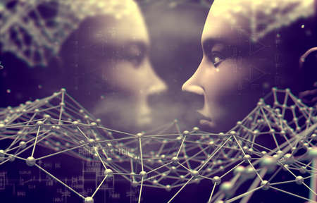 Artificial intelligence and cyborg concept with face and netの写真素材