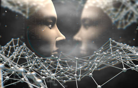 Artificial intelligence and cyborg concept with face and netの写真素材