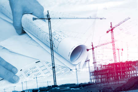 Architect and blueprint concept. Engineering and architecture design backgroundの写真素材