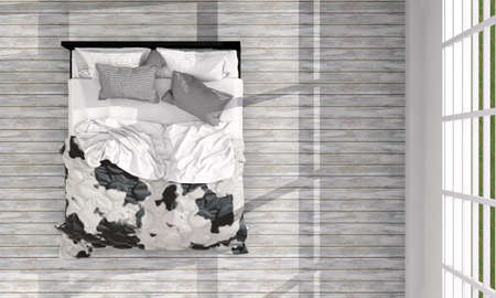 Empty interior and bed.Sunlight through the window.Home architecture.3d illustrationの写真素材