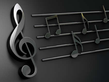 3d illustration of musical notes and musical signs of abstract music sheet.Music background design.Musical writing isolated over blackの写真素材