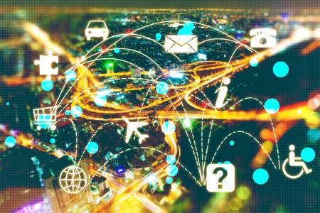 Smart city and internet concept.Technology and communication in urban landscape.Cloud computing and...