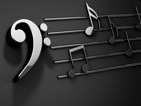 3d illustration of musical notes and musical signs of abstract music sheet.Music background design.Musical writing isolated over blackの写真素材