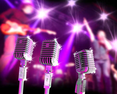 Music band on stage and vintage microphone.Live music and festival.Festive design background.Enternainmet and leisure conceptの写真素材
