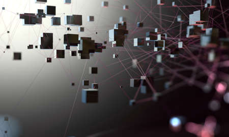 Cubes connected in dark space. Partner and networking design. Internet and data...