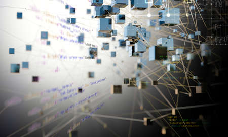 Cubes connected in dark space. Partner and networking design. Internet and data...