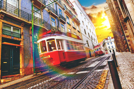 Lisbon Portugal. Colorful street photography. Tourism in the historical transport of the city.のeditorial素材