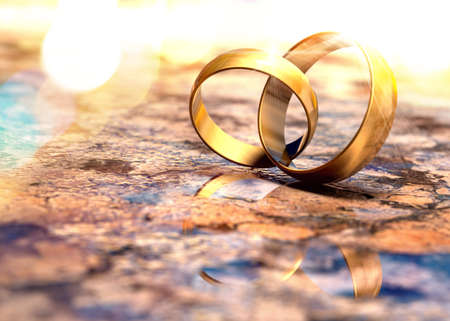 Romantic background of  jewelry and marriage.Still life of gold wedding rings.3d illustration