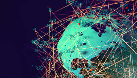 World map and data structure. Communication and technology abstract background.Data science and big data concept.3d illustrationの写真素材